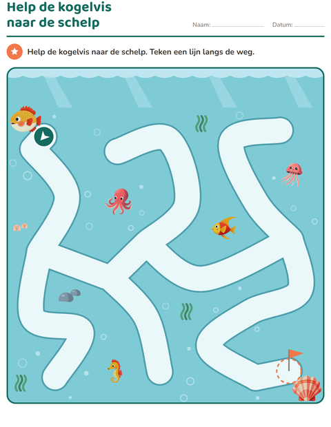 Voorbeeld van het Doolhofpuzzels-werkblad voor kleuterklas