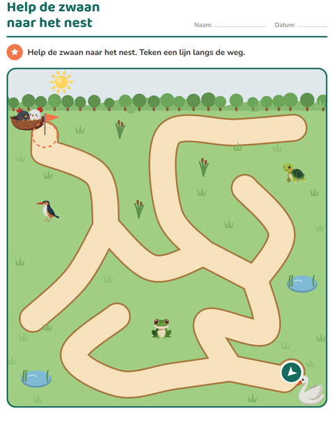 Voorbeeld van het Doolhofpuzzels-werkblad voor kleuterklas