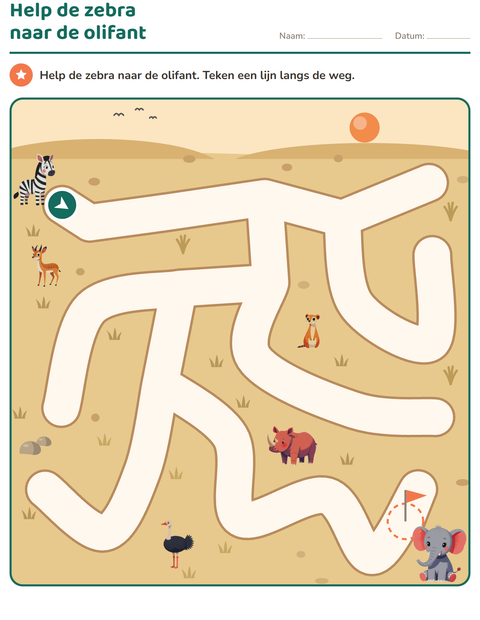 Voorbeeld van het Doolhofpuzzels-werkblad voor kleuterklas