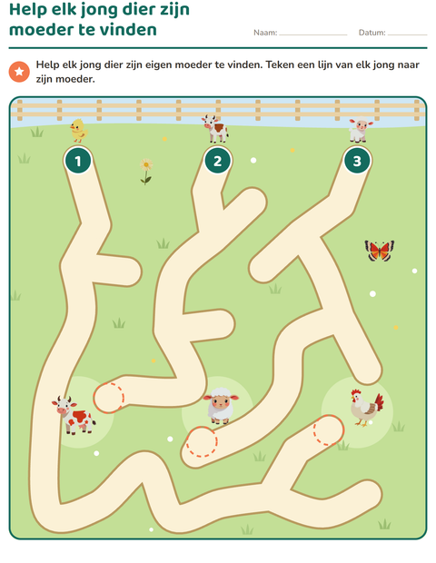 Voorbeeld van het Doolhofpuzzels-werkblad voor kleuterklas
