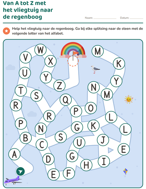 Voorbeeld van het Doolhofpuzzels-werkblad voor kleuterklas