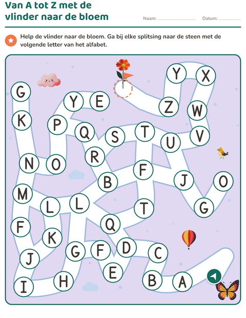 Voorbeeld van het Doolhofpuzzels-werkblad voor kleuterklas