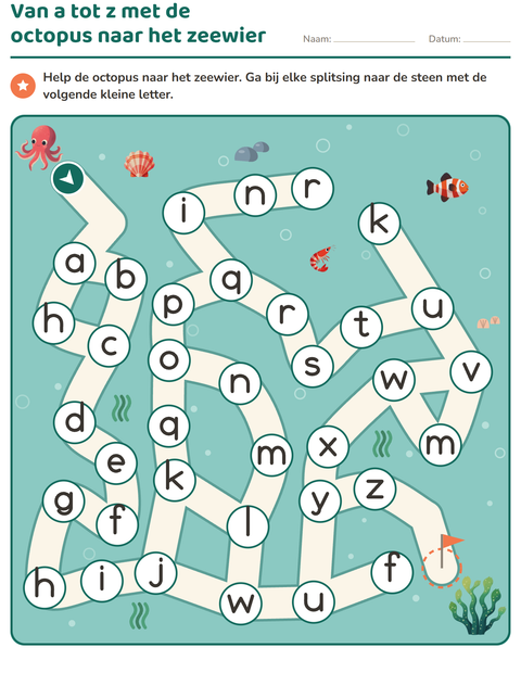 Voorbeeld van het Doolhofpuzzels-werkblad voor kleuterklas
