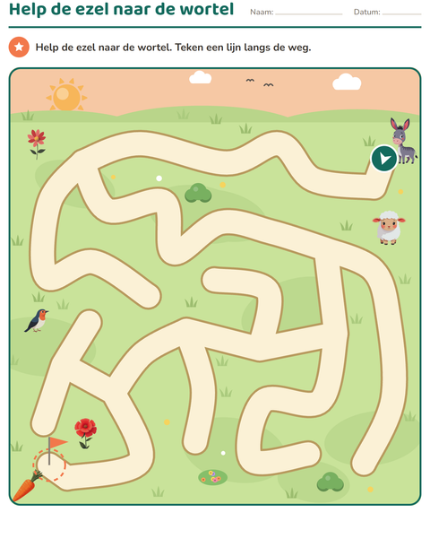 Voorbeeld van het Doolhofpuzzels-werkblad voor kleuterklas