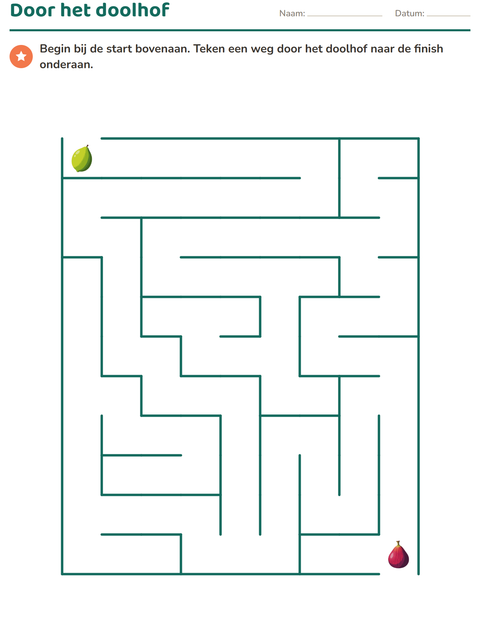 Voorbeeld van het Doolhoven-werkblad met Fruit voor kleuterklas