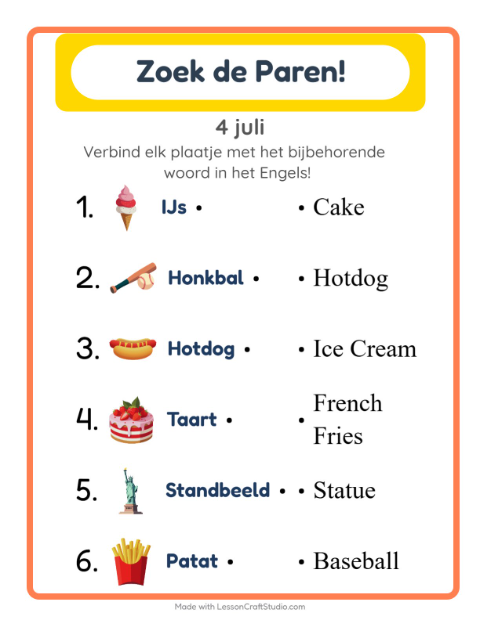 Voorbeeld van Engels leren: 4 juli – woorden koppelen voor kinderen