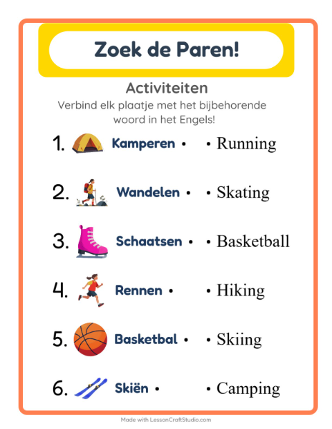 Voorbeeld van Engels leren: Activiteiten – woorden koppelen voor kinderen