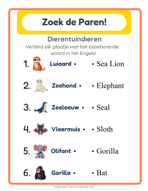 Engels beeld-woord-koppelen – Dierentuindieren