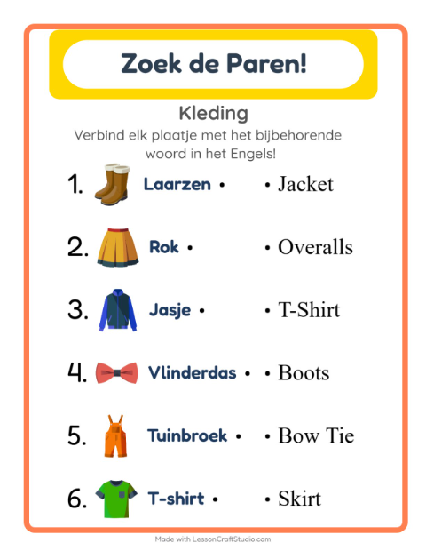 Voorbeeld van Engels leren: Kleding – woorden koppelen voor kinderen