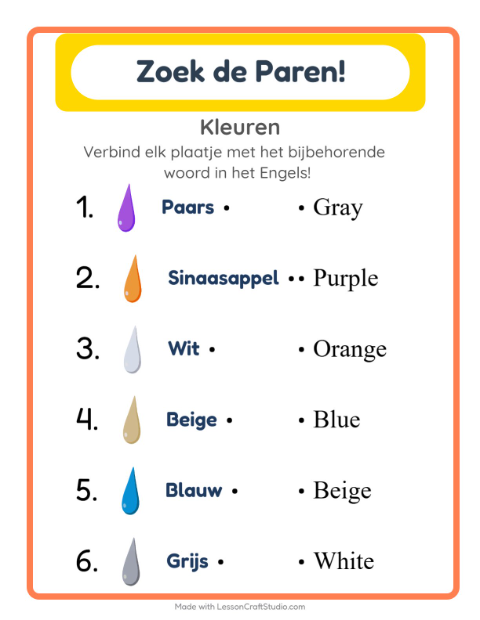 Voorbeeld van Engels leren: Kleuren – woorden koppelen voor kinderen
