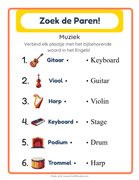 Voorbeeld van Engels leren: Muziek – woorden koppelen voor kinderen