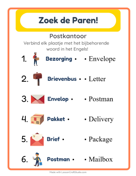 Voorbeeld van Engels leren: Postkantoor – woorden koppelen voor kinderen