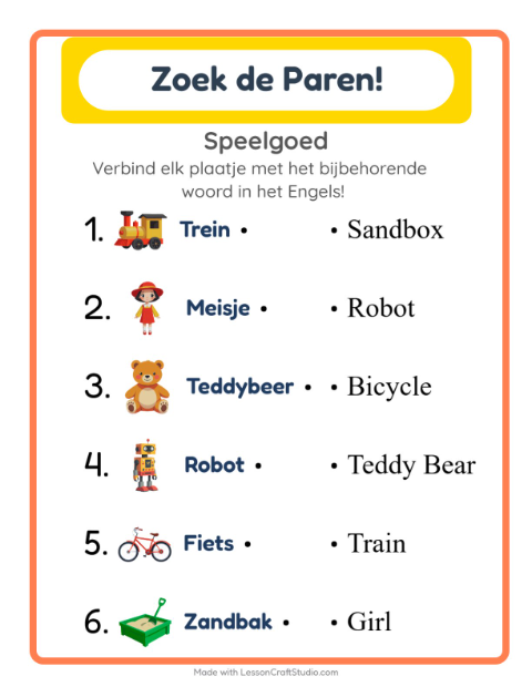 Voorbeeld van Engels leren: Speelgoed – woorden koppelen voor kinderen