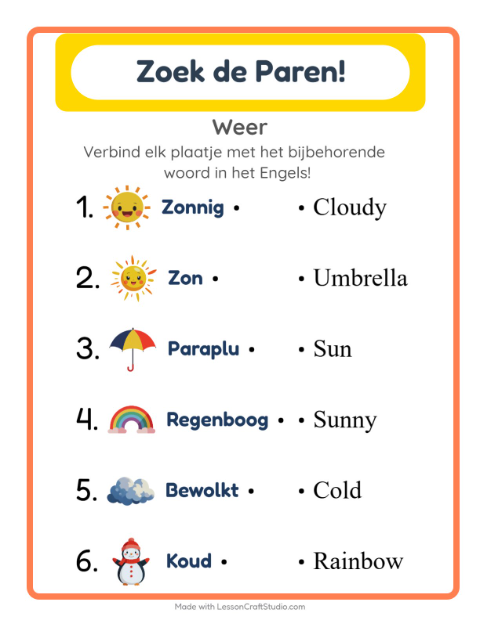Voorbeeld van Engels leren: Weer – woorden koppelen voor kinderen