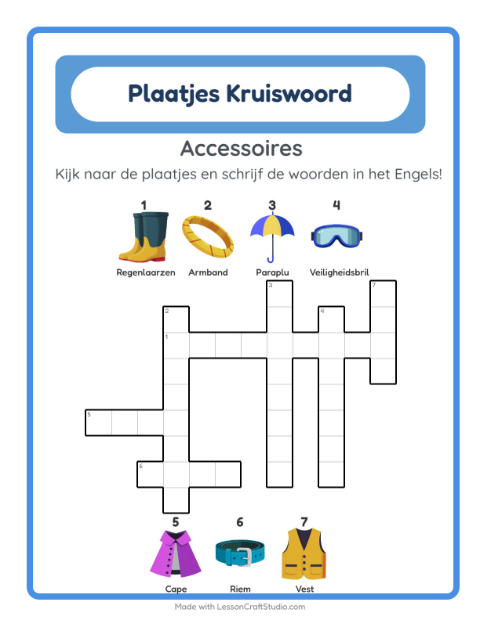Engelse beeldkruiswoordpuzzel – Accessoires
