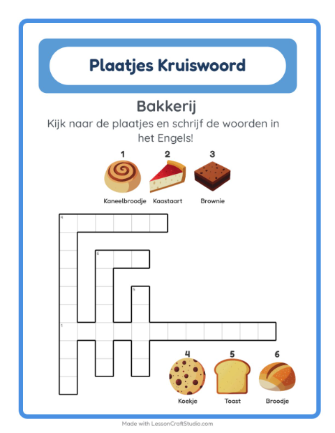 Voorbeeld van Engels leren: Bakkerij – kruiswoordpuzzel voor kinderen