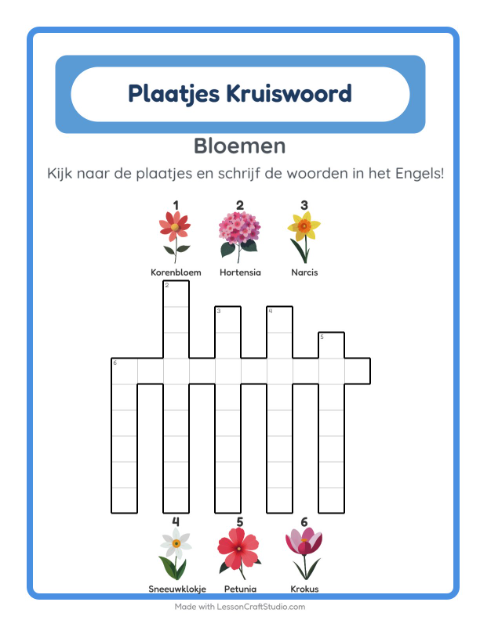 Voorbeeld van Engels leren: Bloemen – kruiswoordpuzzel voor kinderen