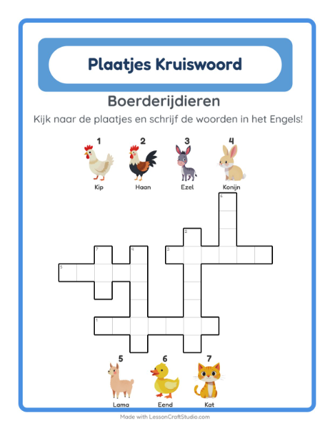 Engelse beeldkruiswoordpuzzel – Boerderijdieren