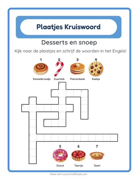 Engelse beeldkruiswoordpuzzel – Desserts en snoep