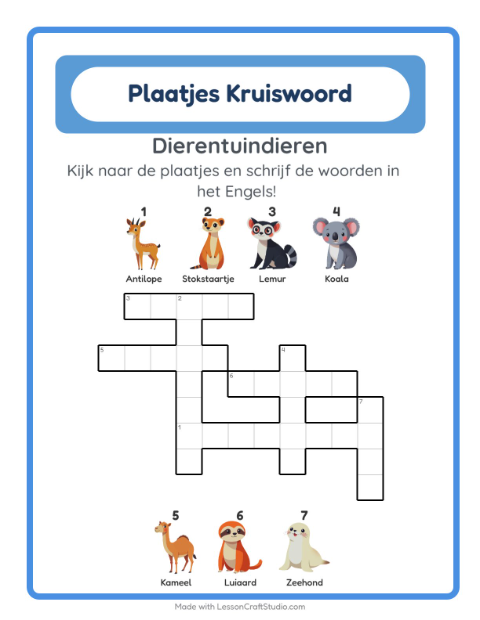 Engelse beeldkruiswoordpuzzel – Dierentuindieren