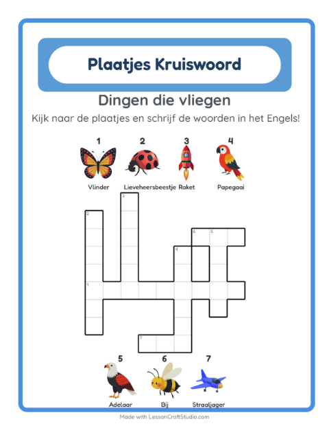 Voorbeeld van Engels leren: Dingen die vliegen – kruiswoordpuzzel voor kinderen