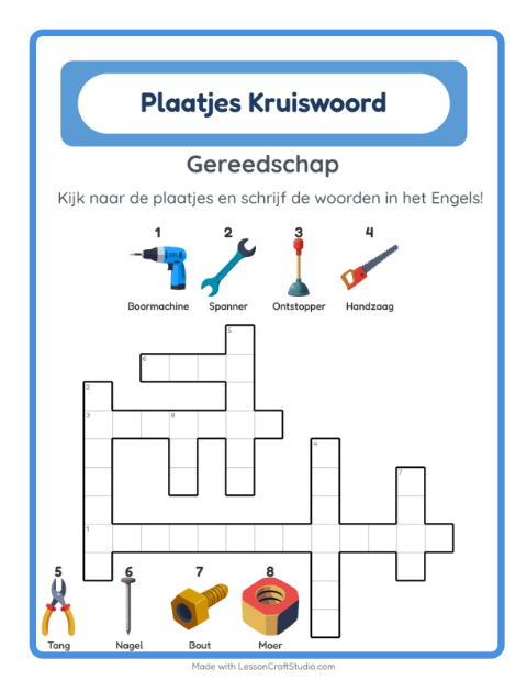 Engelse beeldkruiswoordpuzzel – Gereedschap
