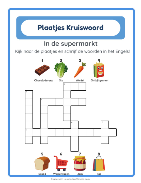 Engelse beeldkruiswoordpuzzel – In de supermarkt