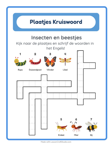 Engelse beeldkruiswoordpuzzel – Insecten en beestjes