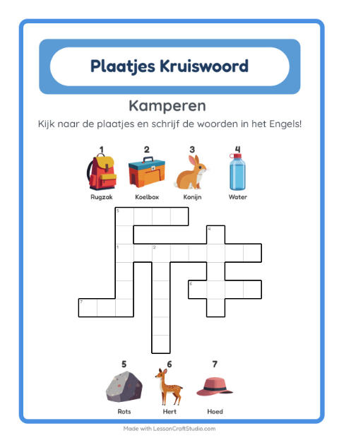 Voorbeeld van Engels leren: Kamperen – kruiswoordpuzzel voor kinderen