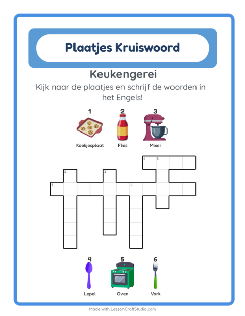 Voorbeeld van Engels leren: Keukengerei – kruiswoordpuzzel voor kinderen