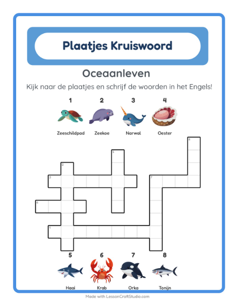 Voorbeeld van Engels leren: Oceaanleven – kruiswoordpuzzel voor kinderen