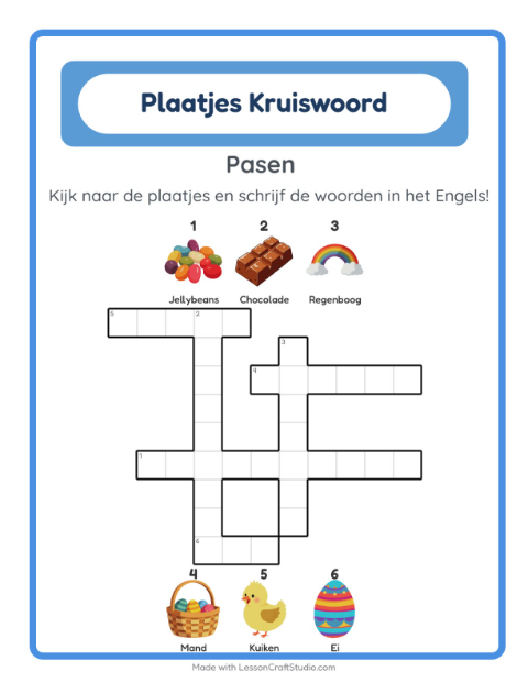 Voorbeeld van Engels leren: Pasen – kruiswoordpuzzel voor kinderen