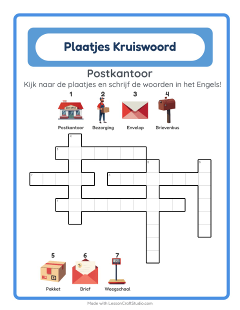 Engelse beeldkruiswoordpuzzel – Postkantoor