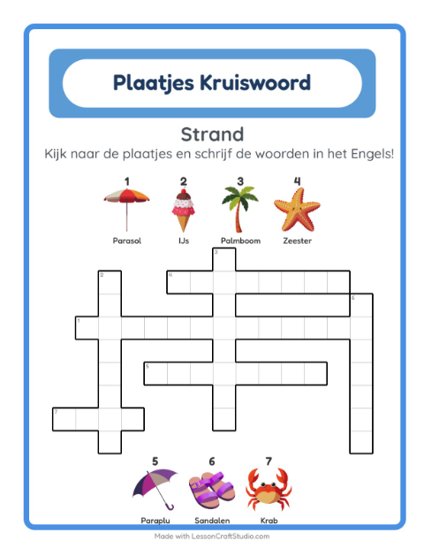 Engelse beeldkruiswoordpuzzel – Strand