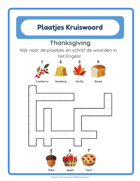 Engelse beeldkruiswoordpuzzel – Thanksgiving