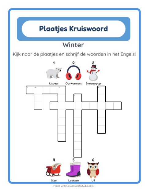 Voorbeeld van Engels leren: Winter – kruiswoordpuzzel voor kinderen