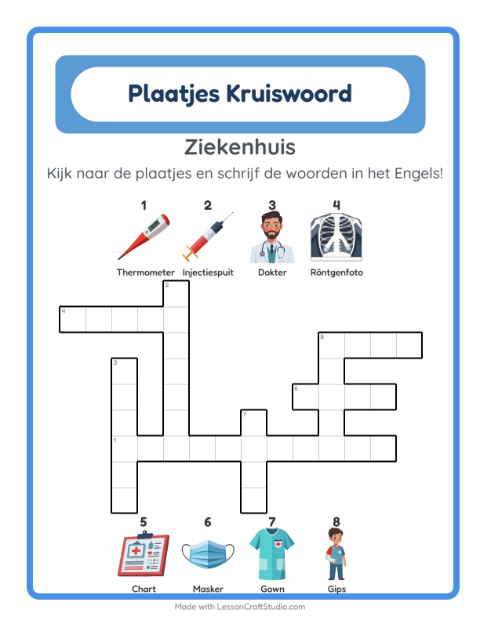 Voorbeeld van Engels leren: Ziekenhuis – kruiswoordpuzzel voor kinderen