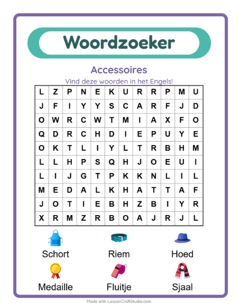 Voorbeeld van Engels leren: Accessoires – woordzoeker voor kinderen