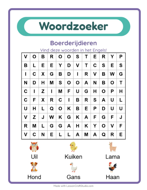 Engelse woordzoeker – Boerderijdieren