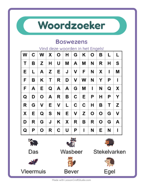 Voorbeeld van Engels leren: Boswezens – woordzoeker voor kinderen