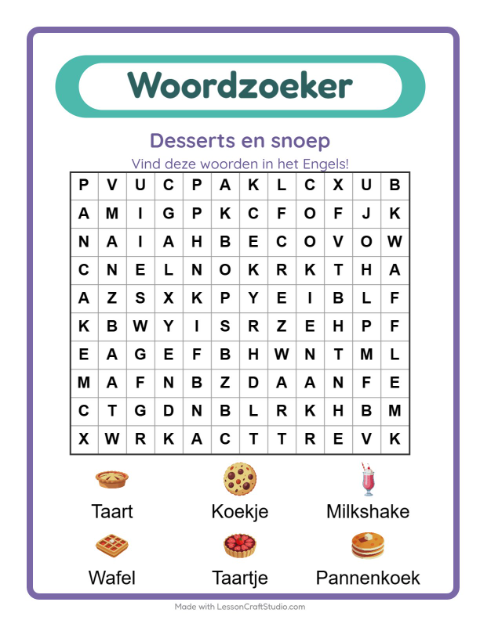 Engelse woordzoeker – Desserts en snoep