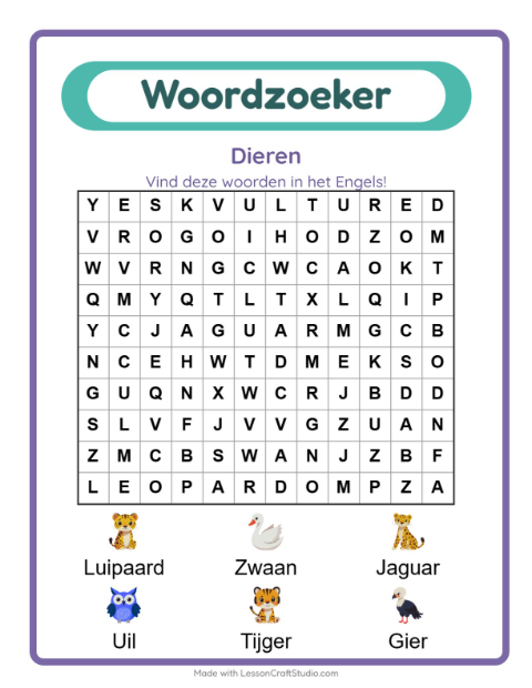 Engelse woordzoeker – Dieren
