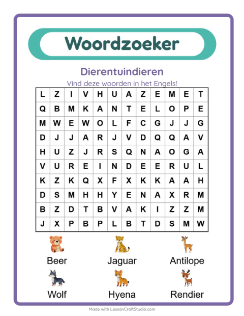 Voorbeeld van Engels leren: Dierentuindieren – woordzoeker voor kinderen