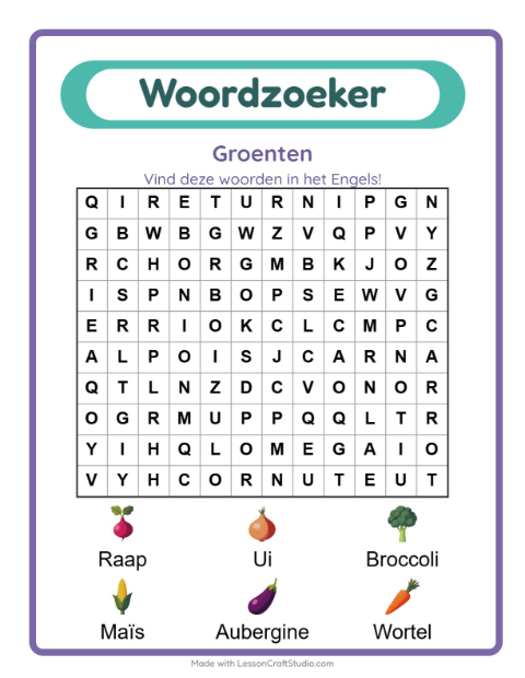Engelse woordzoeker – Groenten