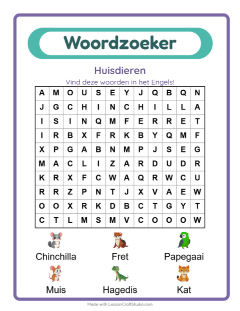 Engelse woordzoeker – Huisdieren