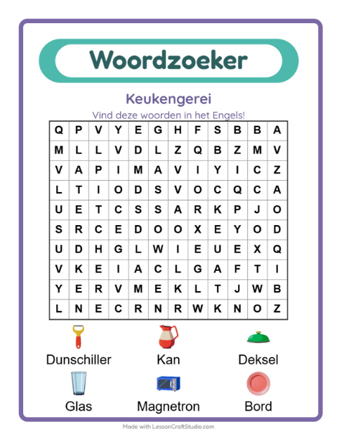 Engelse woordzoeker – Keukengerei