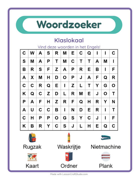 Engelse woordzoeker – Klaslokaal