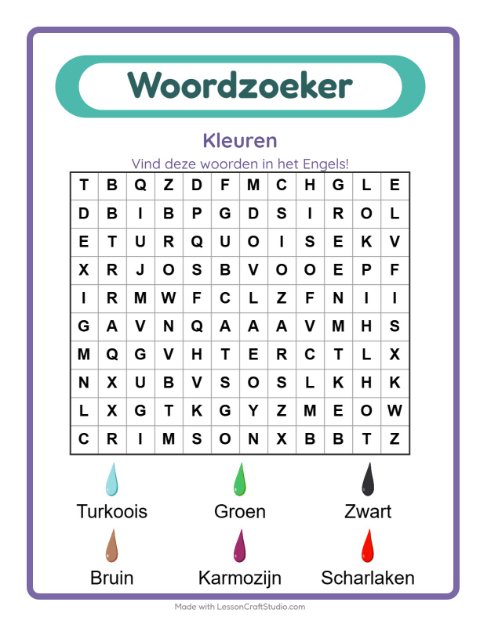 Engelse woordzoeker – Kleuren