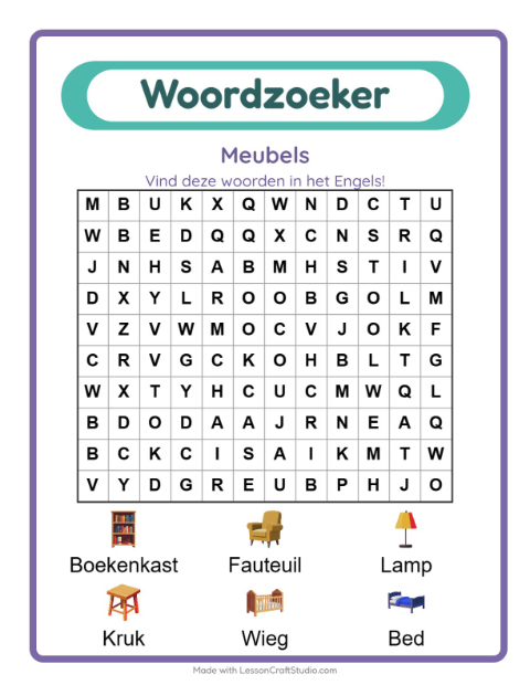 Engelse woordzoeker – Meubels