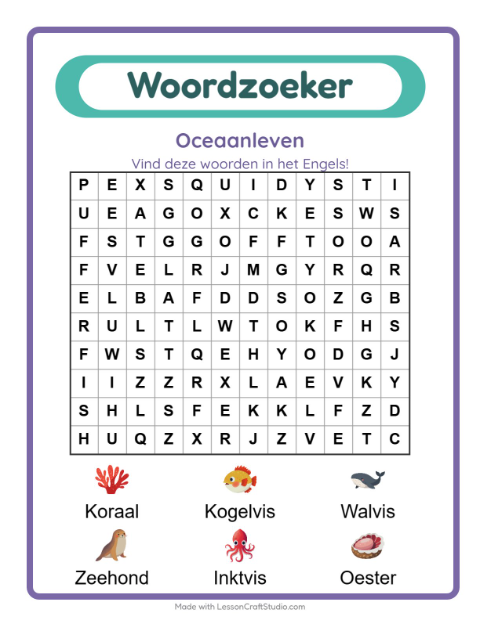 Engelse woordzoeker – Oceaanleven